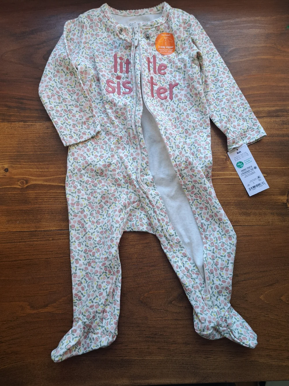 NWT Carter’s Baby Long Sleeve Footie Pajama Sleeper “Little Sister” 2-Way Zip 6M